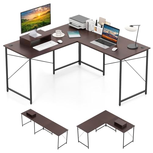 COSTWAY Escritorio de Ordenador en Forma de L, 3 Orificios para Cables, Estante Extra, 2 Formas, Mesa de Trabajo de 2 Personas，Mesa Escritorio Esquina Gaming, 240x60x74,5cm (Brown)