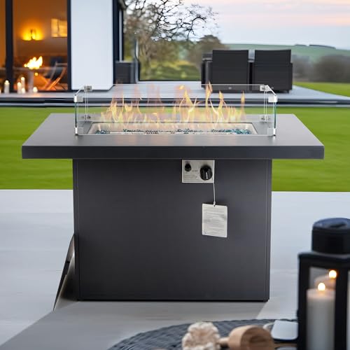 BULEXYARD 43" Aluminum Propane/Natural Gas Fire Pit Table, 60,000 BTU Rectangle Outdoor Patio Firepit Table with Cover, Lid & Wind Guard, Modern CSA-Certified Fireplace for Outside Patio, Dark Grey