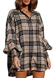 Button Down Shirts Dress for Women Loose Plaid Long Sleeve Flannel Blouse Short Dresses Beige and Gray S