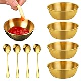 Xoeryoy 4 pcs Goldschüssel mit 4 Kleiner Löffel, 3, 3 Zoll rund Mini -Dip -Schalen, Sojasauce -Schale aus Edelstahl für Ketchup, Senf, Guacamole, Dips &&