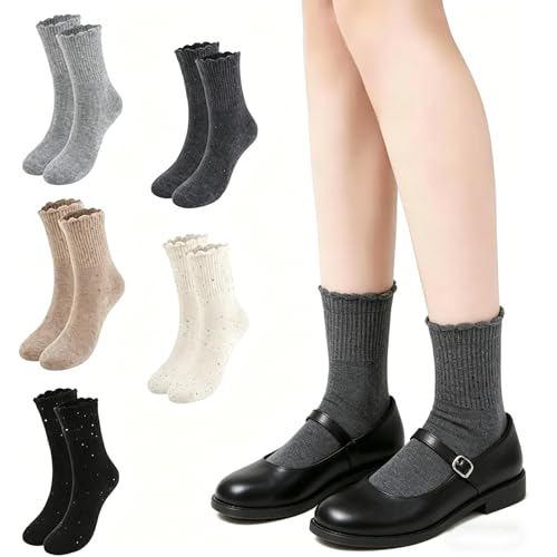 Image of YOYOU Ruffle Crew Socks Women, Frilly Socks, Girly Scalloped Lettuce