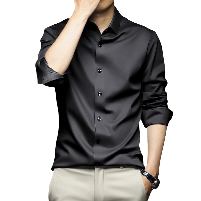 Lista de Camisas de Vestir para Hombre Baratas que Puedes Comprar On-line. 46 Camisas de Seda de Hielo para Hombres, Camisas para Hombre, Manga Larga para Negocios, Camisa Casual Hombre, Resistente a Las Arrugas, No Necesita Planchado (Negro,Grande)