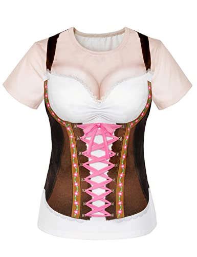 COSAVOROCK Disfraz de Dirndl Oktoberfest Mujer Camiseta de Bávara Alemán Marrón L