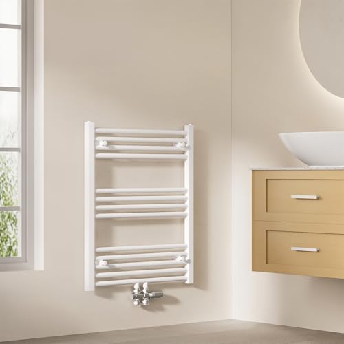 EMKE Radiador de baño de 75 x 60 cm, toallero con conexión central, toallero, calentador de toallas, toallero, radiador pequeño, color blanco, 337 W