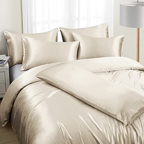 Image of Ersmak 6 Pieces Satin Duvet Cover California King Luxury Silky Bedding Duvet Cover Set with 1 Soft Duvet Cover, 4 King Pillowcases and 1 Body Pillowcase, Beige