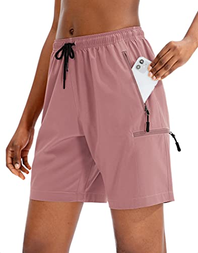 SANTINY Pantalones cortos cargo para mujer, de secado rápido, ligeros, pantalones cortos de verano para mujer, viajes, atlético, golf con bolsillos con cremallera - rosa - S Cover