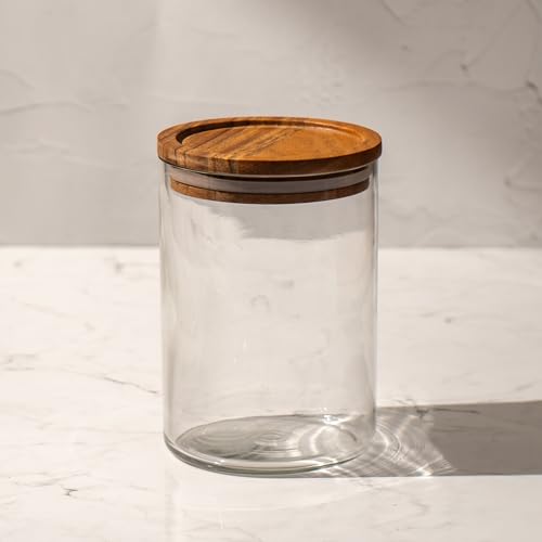 Image of Trine Storage Jar Set - Glass & Acacia Wood with Tray - Multipurpose Storage for Kitchen & Decor (Set of 3)