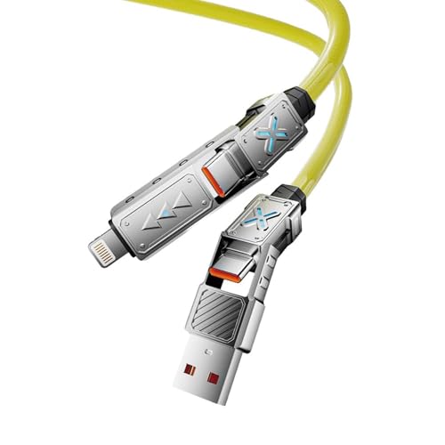 كابل USB-C 4 في 1، شاحن سريع PD بقدرة 240 واط و5 أمبير، لنقل البيانات، مع ضوء تنفس ملون سيليكون بطول 5 أقدام، مع موصل Type C / USB A لأجهزة اللابتوب والآيفون والآيباد والماك بوك، إلخ (أصفر)