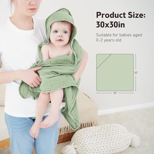 Image of Susurration Hooded Baby Towels for Newborn 2 Pack 100% Muslin Cotton Towel for Babies，Highly Absorbent and Newborn Essential 30x30 Inch (White&Green)
