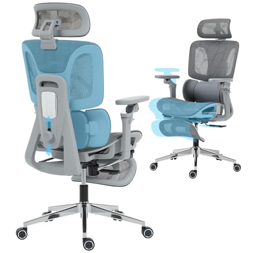 HOMCOM Ergonomic Office Chair, High Back Mesh Desk Chair with Separated Backrest, Adjustable 3-Stage Lumbar Support, Seat Depth and Headrest, 6D Flip-up Armrests, Footrest for Home Office, Grey