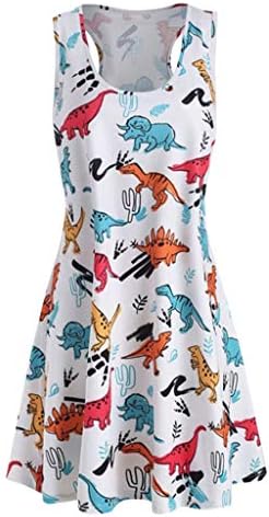 Women Summer Sleeveless Damask Print T-Shirt Dress with Pockets White