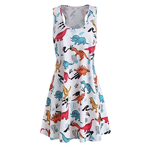 Women Summer Sleeveless Damask Print T-Shirt Dress With Pockets White #TOP6