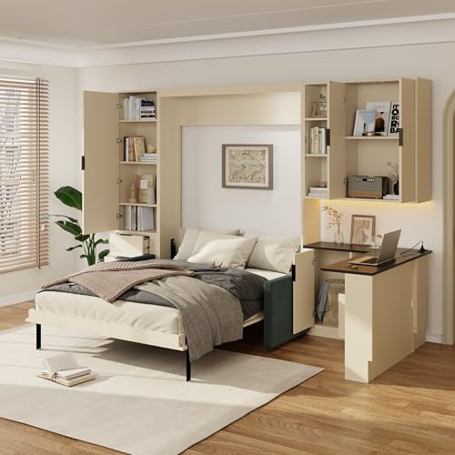 Wall Murphy Bed Queen Size with Drawers and Green Sofa,
