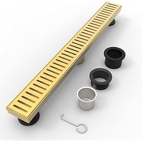 WEBANG 24 Inch Shower Linear Gold Drain Rectangular Floor Drain with Accessories Capsule Pattern Cover Grate Removable SUS304 Stainless Steel CUPC Certified Brushed Gold Brass Cover