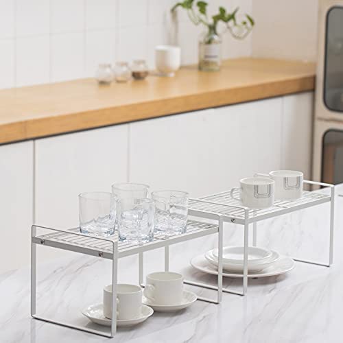 Shantton 2Pack Kitchen Cabinet Shelf Counter Organizer Rack Pantry Storage Bathroom Bedroom Office Table Desk Space Saving Stackable Rust Resistant Non Slip White Wide L13.1in W10.6in H7.3in by Shantton - Image 2