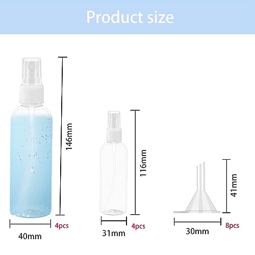 Nutabevr 4×100ml+4×50ml Sprühflasche Leer mit 8 Trichtern+8x Etiketten,Spray Flaschen Set, nachfüllbares Spray Wiederverwendbare, für Garten, Friseursalon, Reiseflüssigkeit Wasser, Kosmetik