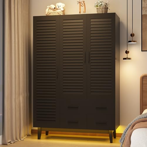 jiteentarou 3 Door Armoire Wardrobe Closet Cabinet with Drawers and LED Lights, Multi-Tier Shelves, Hanging Rod & 3 Louver Doors, Large Capacity Storage Wardrobe Armoire for Bedroom(3 Doors Black)