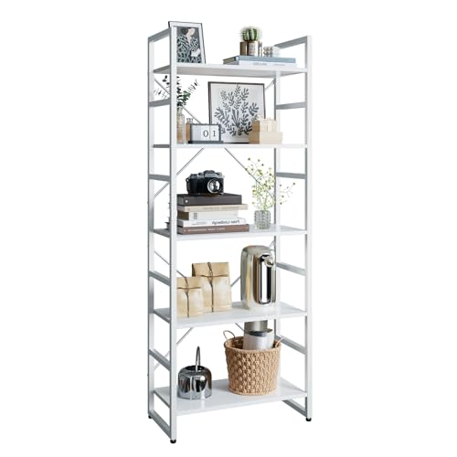 TREETALK 5 Tier Bookshelf, Standing Bookcase with 2 X-shape Frame,Adjustable Leg pads, Industrial Storage Rack for Office, Living Room (White)