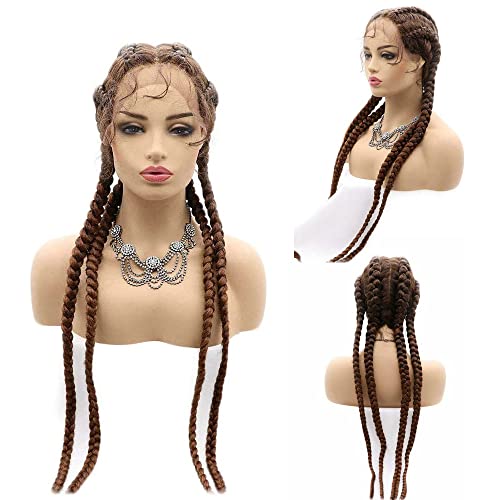 RainaHair Long 4 Braids Light Brown Long Synthetic Braided Lace Front Wig with Baby Hair Wigs Heat Resistant Fiber Middle Part Adapt to Black Women…