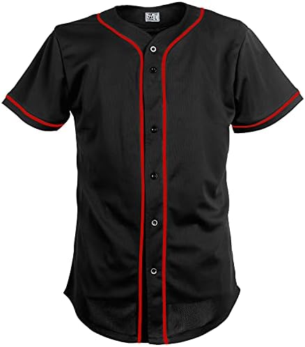 Pullonsy Black Plain Baseball Jerseys Hipster Hip Hop Tees for Men Button Down,Red Stripe Plain,Size XL