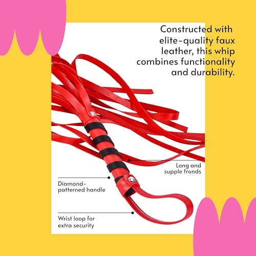 Image of Sweet Vibrations Faux Leather Floggers for Bedroom - Black Whip for Adults, Structured Diamond-Pattern Handle with Wrist Loop, Durable Material for Enhanced Handling - 1.9x23.6x1.10 inch - Red Whip