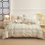 EAVD Pink Green Grid Plaid Duvet Cover Queen Soft 100% Cotton Reversible Pattern Design Bedding Set with 2 Pillowcases Chic Garden Pink Floral Duvet Cover with Zipper Closure for All-Season