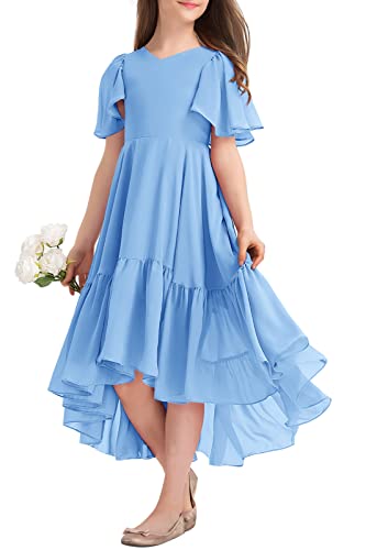 Girls Ruffle Dresses Casual A Line V Neck Short Sleeve Flowy High Low Long Maxi Junior Bridesmaid Party Dress