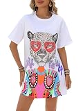 Vipwest Womens Graphic T Shirts Sequined Tops Sparkly Tops for Women Rock Shirts with Crew Neck Funny Graphic Tees for Women White & Leopard M