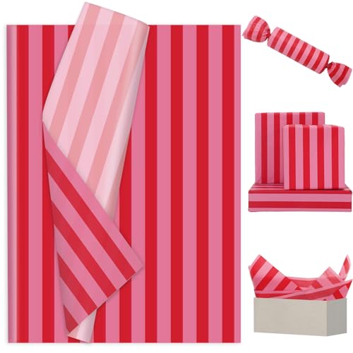 JarThenaAMCS 60 Sheets Stripe Tissue Paper Red Pink Stripe Wrapping Paper for Birthday Baby Shower Wedding Party DIY Crafts Supplies 14 x 20 Inch