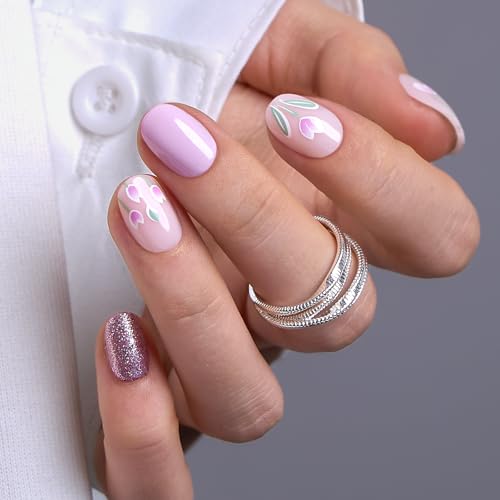 Image of CurvLife Soft Gel Square Press On Nails Extra Short, Long-Lasting Oval Reusable Fake Nails Kit with Glue & Tabs, 30pcs Salon-Quality Stick On Nails for Women At-Home Manicure (Tulip Whisper)