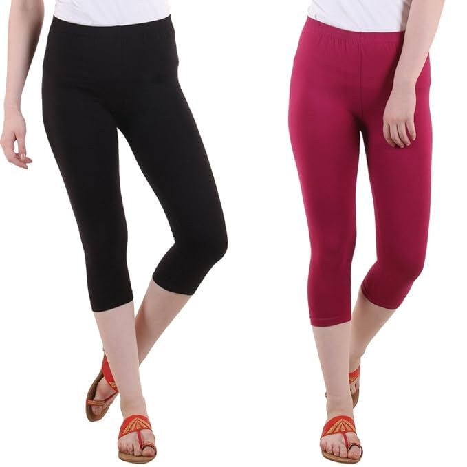 Image of DIAZ Women Cotton Stretchable Capri | Slim /Regular Fit | Breathable Yoga, Gym & Lounge Wear | Mid-Waist Stretchable 3 /4 Length Leggings with Wide Waistband - Pack of 1