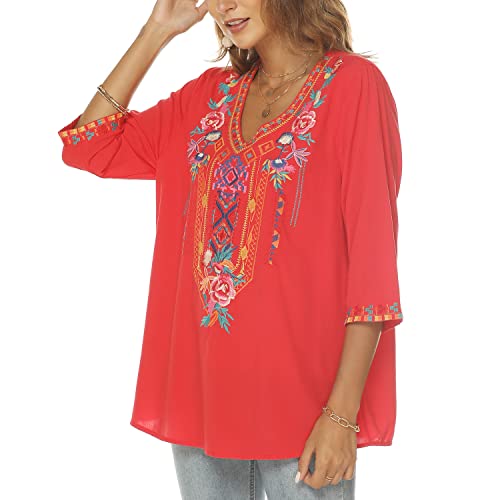 Women's Boho Embroidered Peasant Tops V Neck 3/4 Sleeves Mexican Shirts Tunics Blouses(S, Red-328) #TOP3