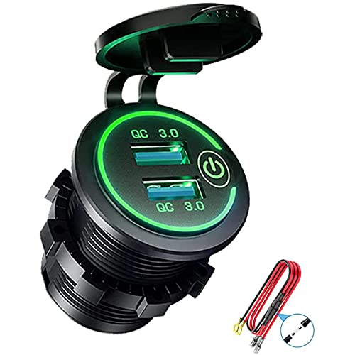 Pasuihcay QC 3.0 Dual USB Charger Socket,Waterproof 12V/24V USB Outlet with Touch-Switch for Car, Marine,Boat,RV,Motorcycle,Green, Black&Green