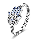 Hapour 925 Sterling Silver Ring for Women, Hamsa Evil Eye Ring with CZ Stones Hand of Fatima Eternity Rings Unique Statement Band Size 6