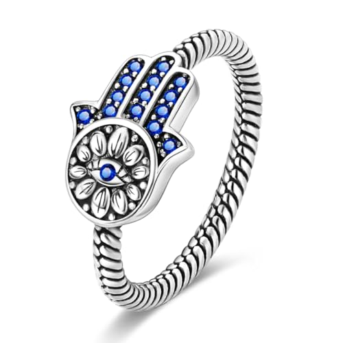 Hapour 925 Sterling Silver Ring for Women, Hamsa Evil Eye Ring with CZ Stones Hand of Fatima Eternity Rings Unique Statement Band Size 6