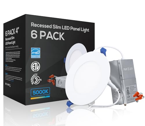 TORCHSTAR 4 Inch Slim Recessed Lighting with Junction Box, CRI90 Aluminum Dimmable 9W Ultra-Thin Recessed Light, 5000K Daylight, 800LM Basic Series LED Downlight, ETL & ES & FCC, Pack of 6