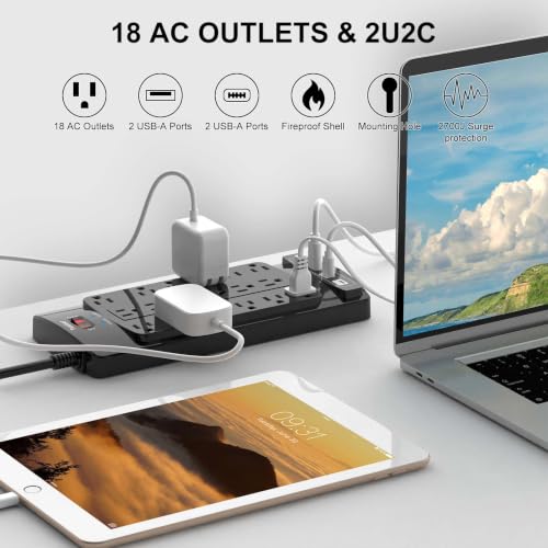 Image of 18 Outlets Surge Protector Power Strip - Teiobar 10 Feet Flat Plug Heavy Duty Extension Cord with 18 Widely Outlets and 4 USB Ports, 2100 Joules, Black, ETL Listed