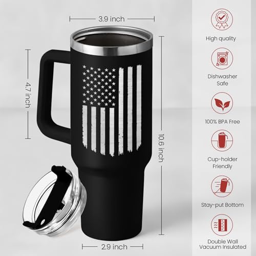 Image of SANDJEST American Flag Tumbler with Handle, America 40oz Stainless Steel Insulated Coffee Mug with Lid & Straw, America Gifts for Men Women, USA Tumblers Cup Gift for Christmas