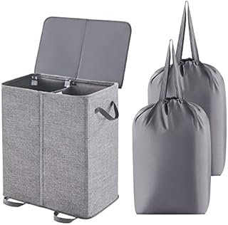 Lifewit Double Laundry Hamper with Lid and Removable Laundry Bags, Large Collapsible 2 Dividers Dirty Clothes Basket with Handles, Grey