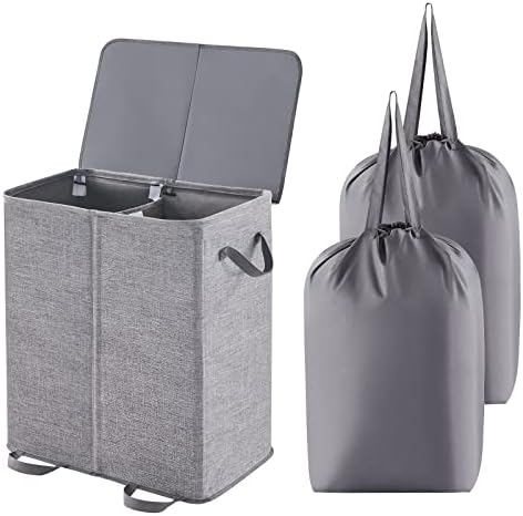 Lifewit Double Laundry Hamper with Lid and Removable Laundry Bags, Large Collapsible 2 Dividers Dirty Clothes Basket with Handles for Bedroom, Laundry Room, Closet, Bathroom, College, Grey