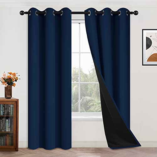 Image of Yakamok Navy Blue 100% Blackout Curtains 84 Inches Long 42 inch Wide, 2 Panels | Blackout Curtain Panels for Bedroom, 2 Thick Layers Grommet Top Thermal Insulated Drapes with Black Liner for Living Room