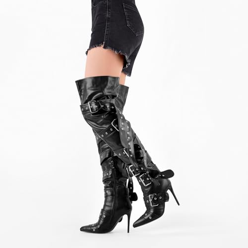 Multi Buckle Strap Over the Knee Pointed Toe Belts Stiletto Heeled Booty Thigh High2