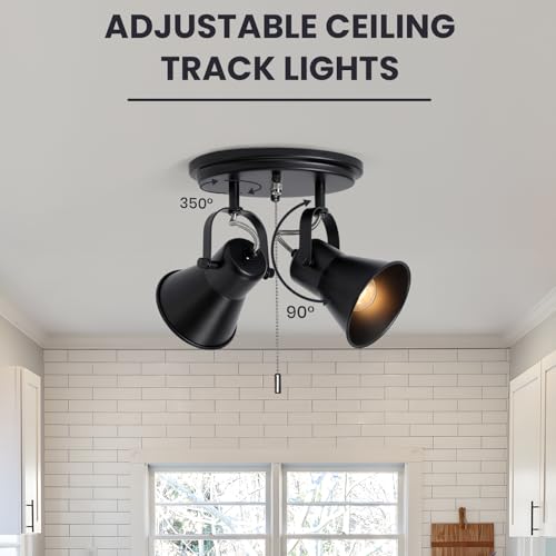 Image of 2-Light Black Track Lighting with Pull Chain, Industrial Adjustable Pull Chain Light Fixture Round Ceiling Light, Modern Flush Mount for Kitchen, Hallway, Dining Room