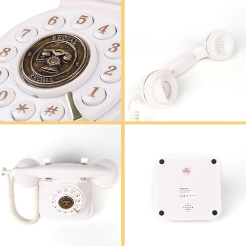 FESTRING Retro-Festnetztelefon mit Druckknopf-Wahl, Vintage-Telefon mit Einstellbarer Klingellautstärke und Wahlwiederholungsfunktion, Schnurgebundenes Retro-Telefon für Zuhause, Büro, Hotel (Weiß)