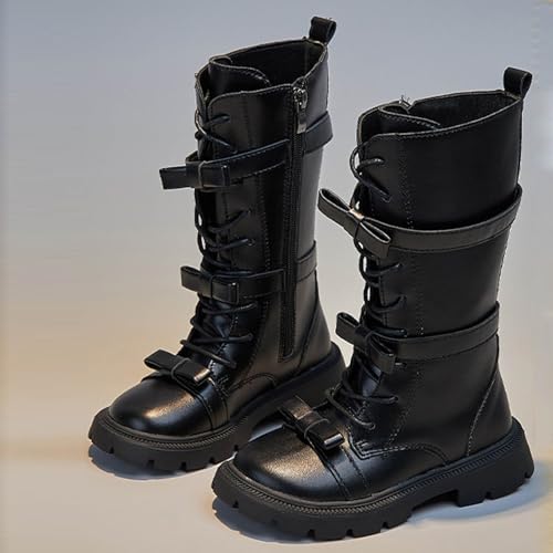Girls Knee High Boots Fashion Lace-Up Side Zipper Combat Riding Boots Winter Kids Leather Mid Calf Boot Shoes for Toddler2