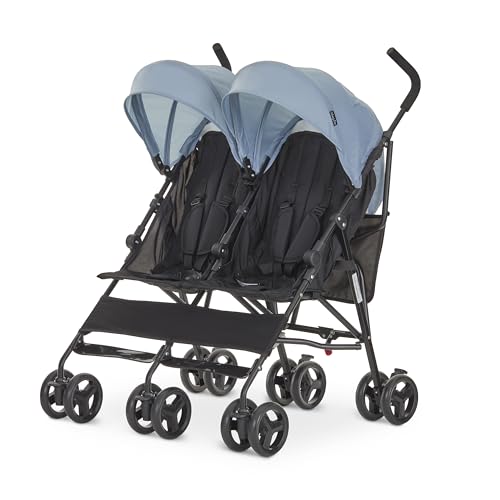 Dream On Me Twin Venture Umbrella Stroller in Light Blue, Multi Backrest Positions, Adjustable & Removable Canopy Double Stroller, 360°Swivel Wheels with Locks