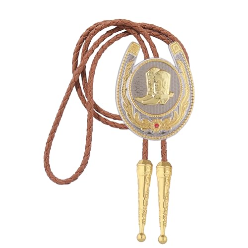 Image of Jeilwiy Bolo Tie for Men, Western Cowboy Golden Longhorn Bull Eagle Horse Cowboy Hat Bolo Necklace Leather Necktie for Women
