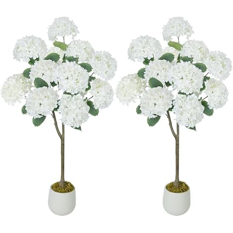 GTIDEA 2 Pack Artificial Hydrangea Tree 4FT Faux Tree with White Pot, Fake Hydrangea Flowers Potted Tree Artificial Plant for Home Decor Indoor Office Living Room Porch (Including Dried Moss) Cover