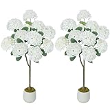 GTIDEA 2 Pack 4FT White Hydrangea Artificial Tree, Large Fake Hydrangea Flowers Potted Plant in White Planter, Faux Silk Tree for Home Living Room Porch Indoor Outdoor Decor (Including Dried Moss)