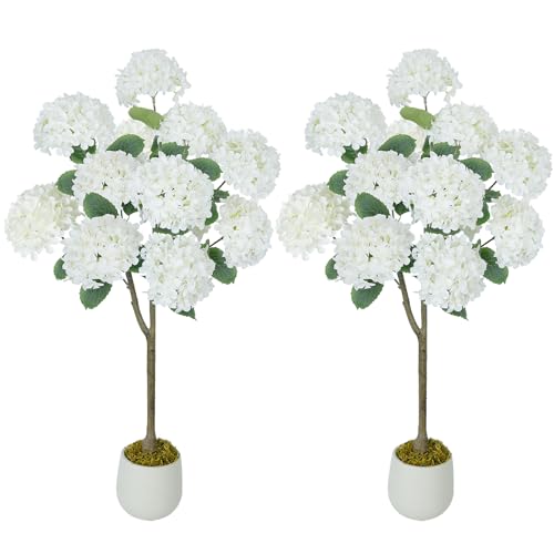 GTIDEA 2 Pcs 4Ft Artificial Hydrangea Tree Potted Plants, Fake Flowers Tree